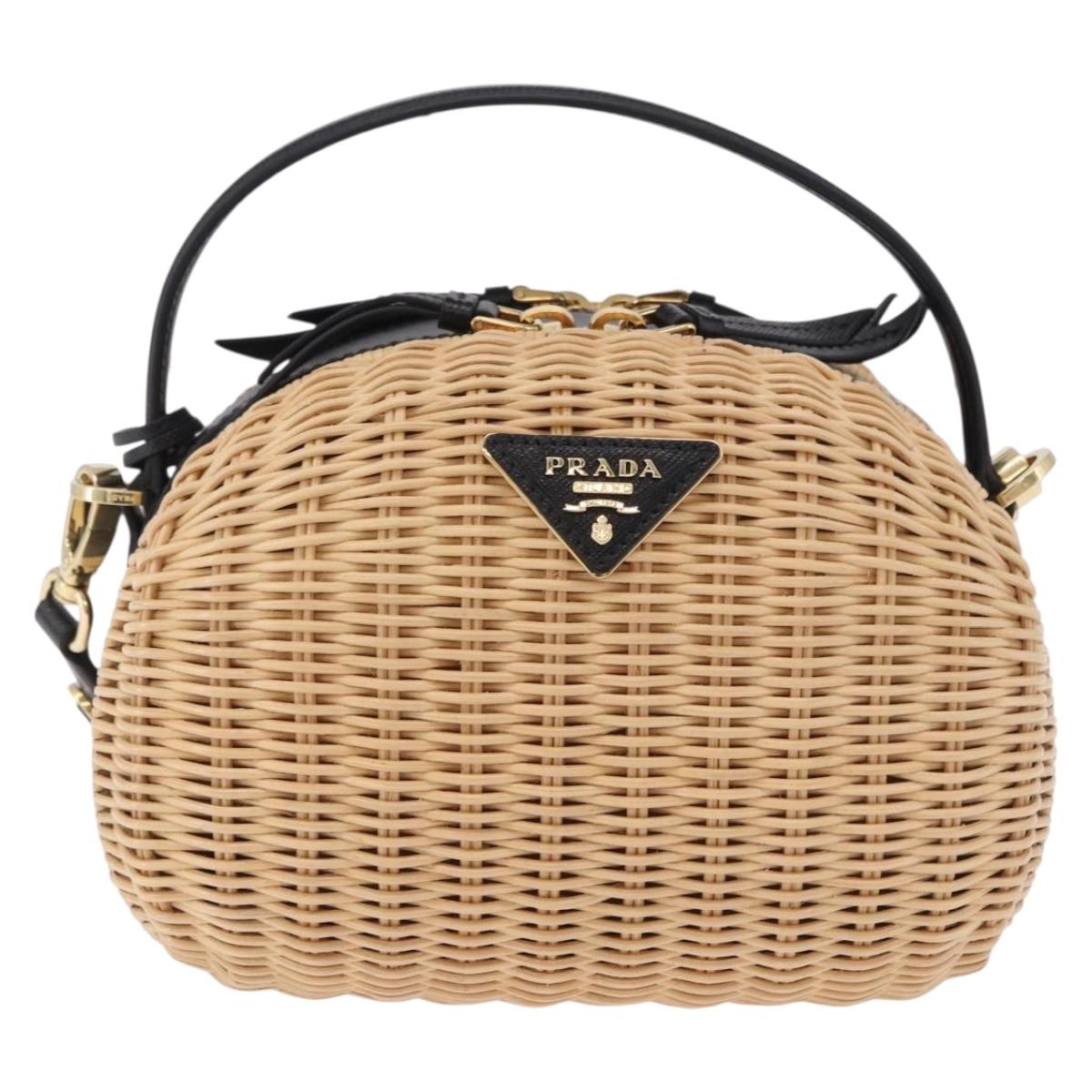PRADA Hand Bag Rattan 2way Beige Gold Auth 196009SAM