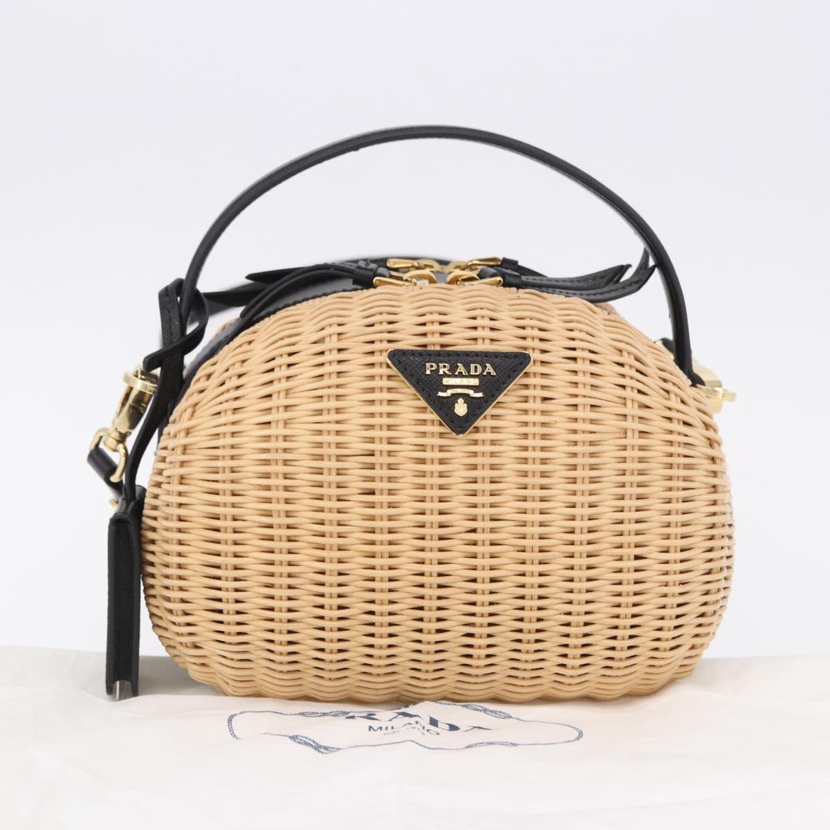 PRADA Hand Bag Rattan 2way Beige Gold Auth 196009SAM