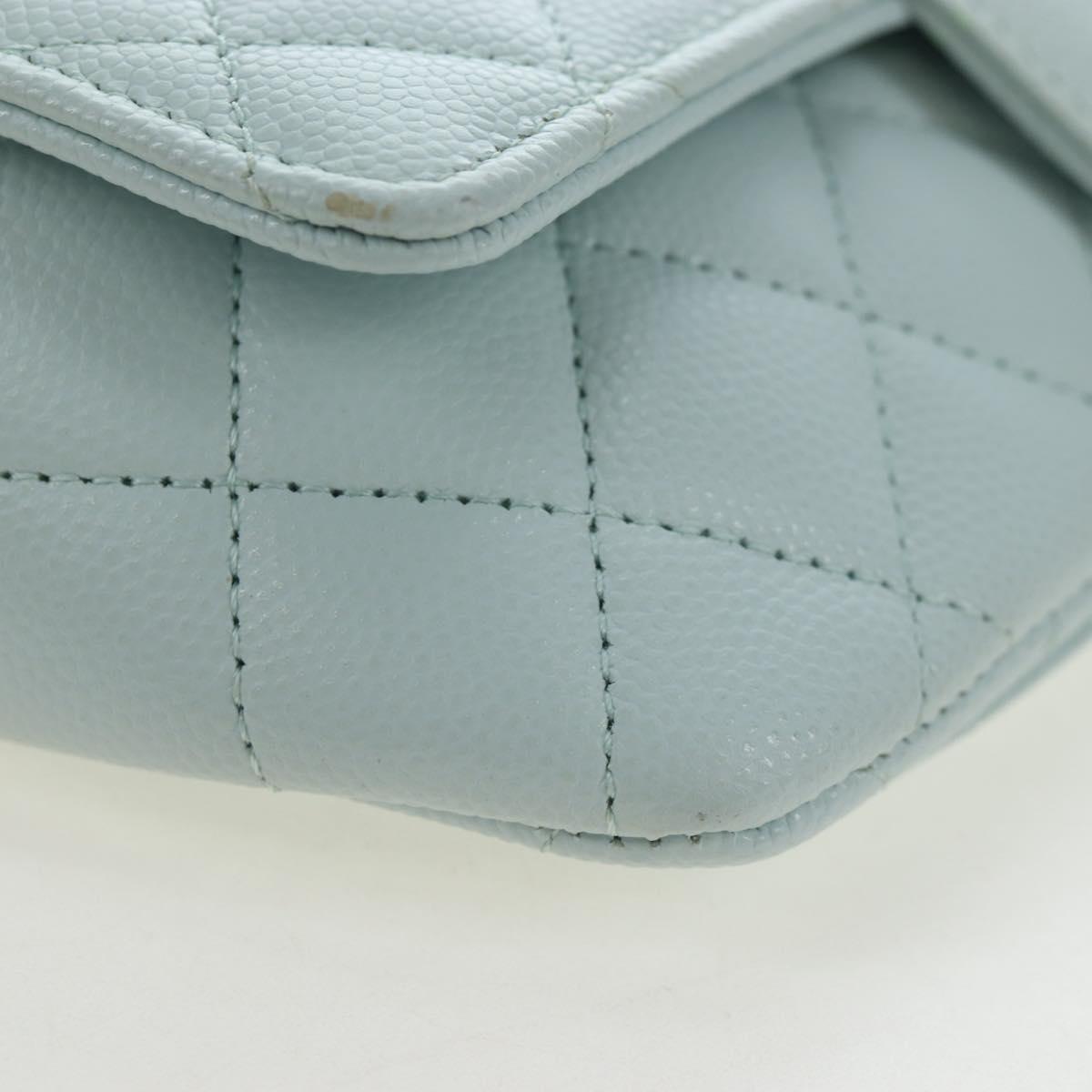 CHANEL Matelasse Chain Glasses Case Caviar Skin Light Blue CC Auth 196041M