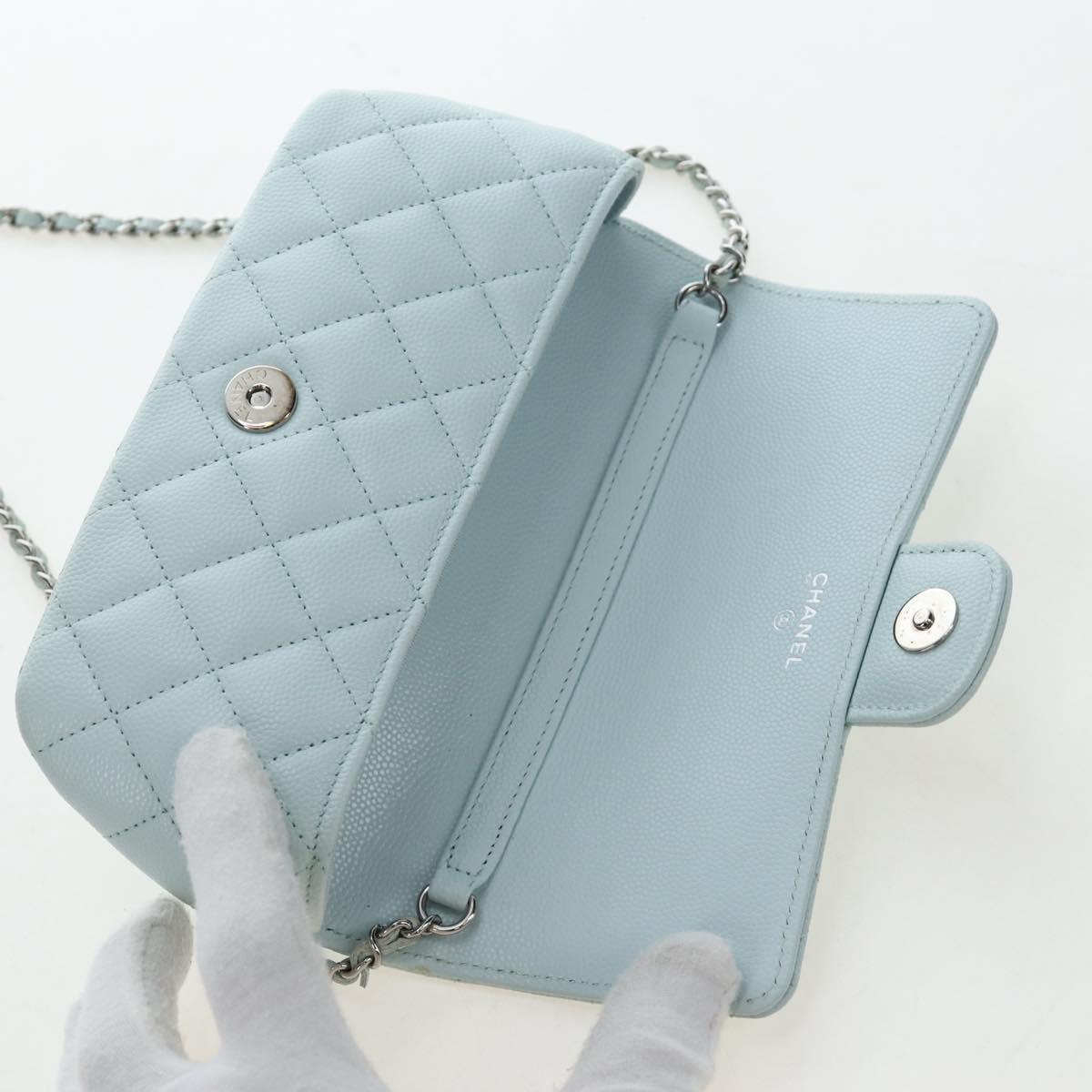 CHANEL Matelasse Chain Glasses Case Caviar Skin Light Blue CC Auth 196041M