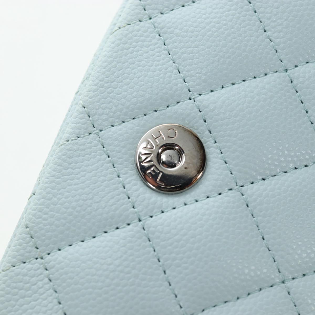 CHANEL Matelasse Chain Glasses Case Caviar Skin Light Blue CC Auth 196041M