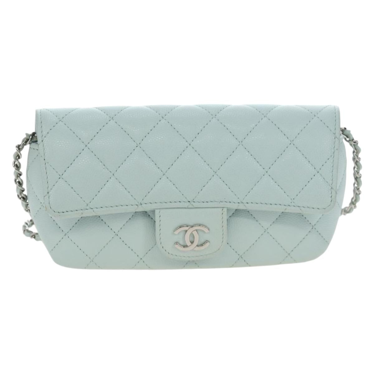 CHANEL Matelasse Chain Glasses Case Caviar Skin Light Blue CC Auth 196041M