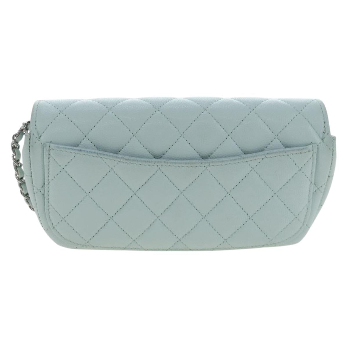 CHANEL Matelasse Chain Glasses Case Caviar Skin Light Blue CC Auth 196041M