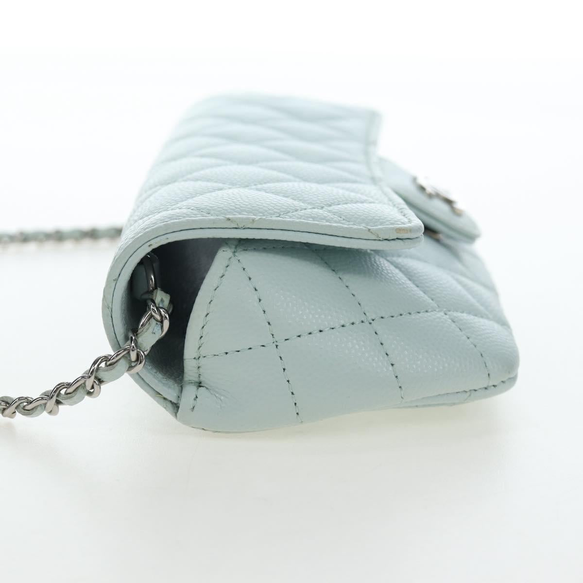 CHANEL Matelasse Chain Glasses Case Caviar Skin Light Blue CC Auth 196041M