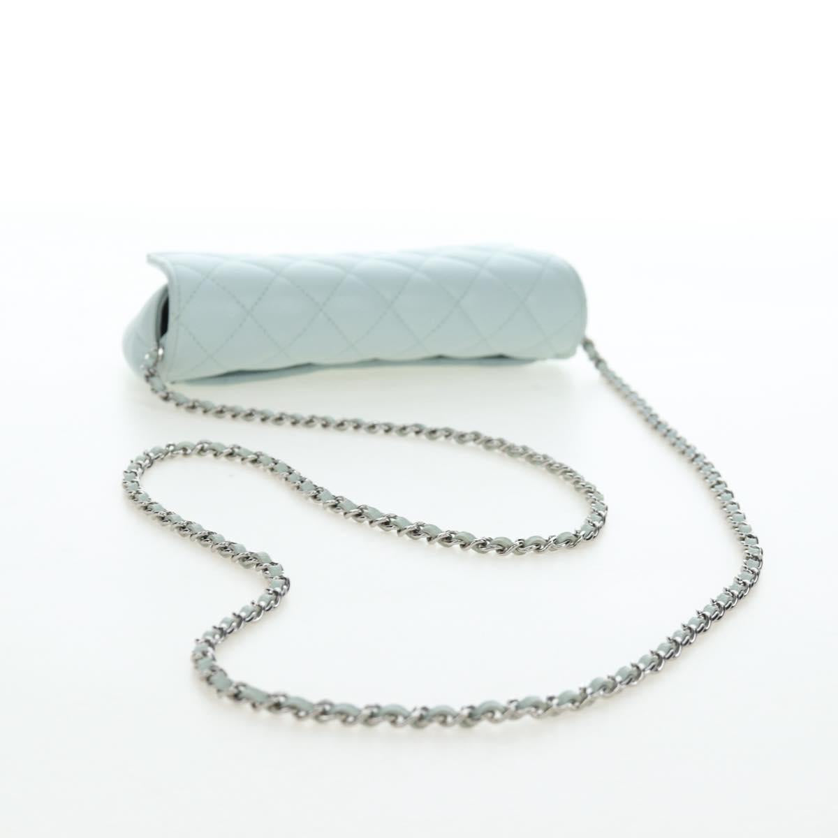 CHANEL Matelasse Chain Glasses Case Caviar Skin Light Blue CC Auth 196041M