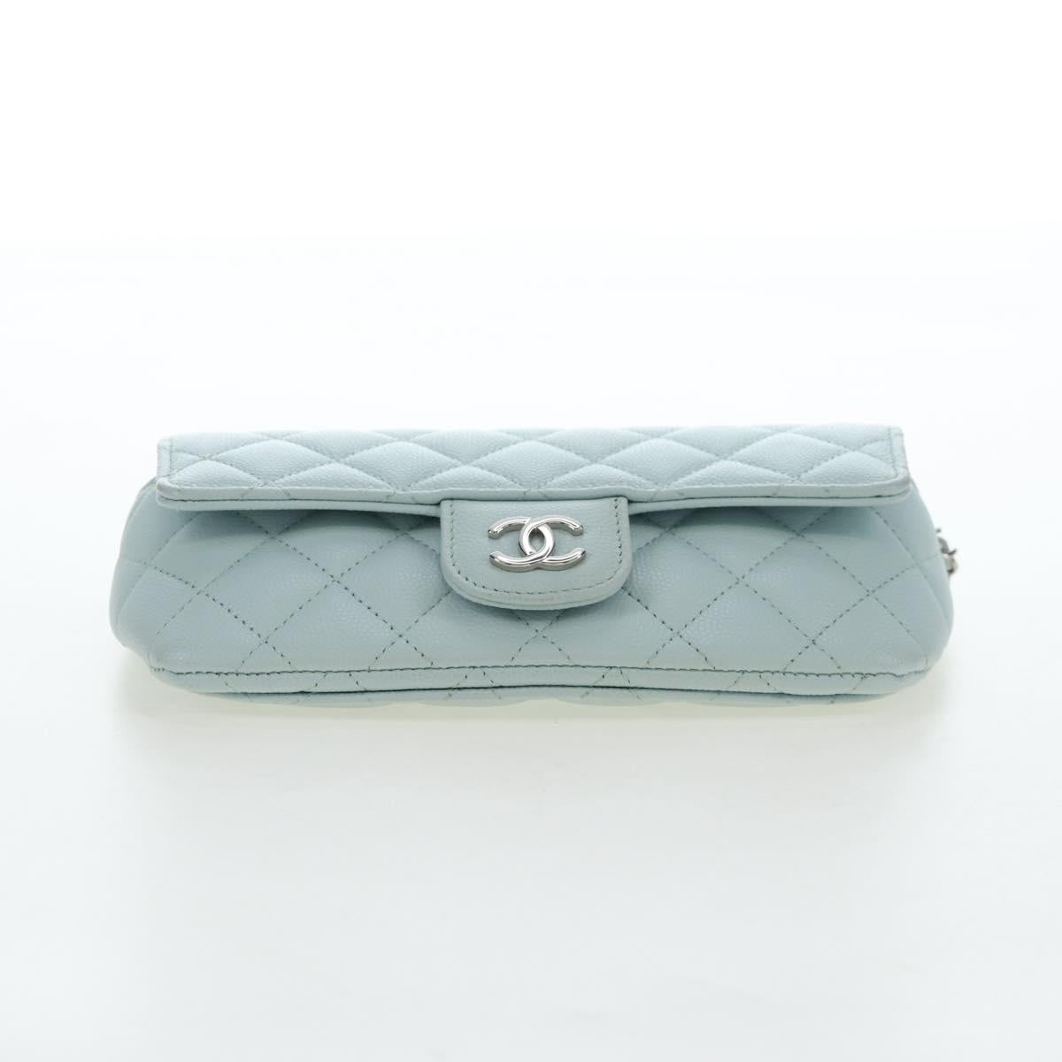 CHANEL Matelasse Chain Glasses Case Caviar Skin Light Blue CC Auth 196041M