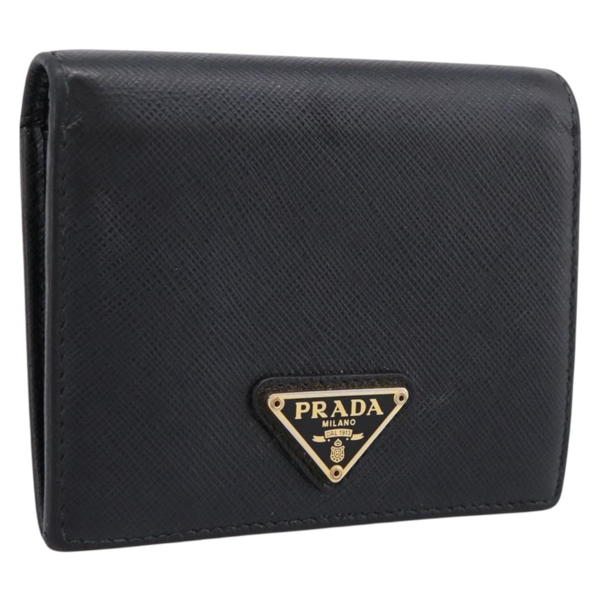 PRADA Compact Wallet Safiano Leather Black Gold Auth 196043A