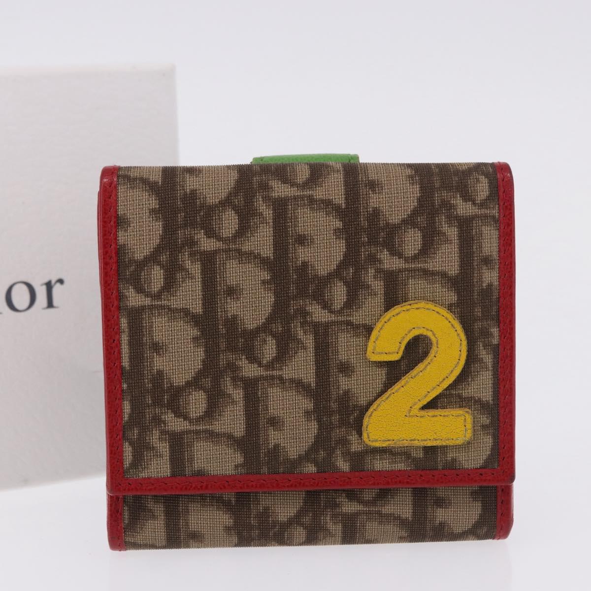 Christian Dior Trotter Canvas Compact Wallet PVC Beige Silver Auth 196069V