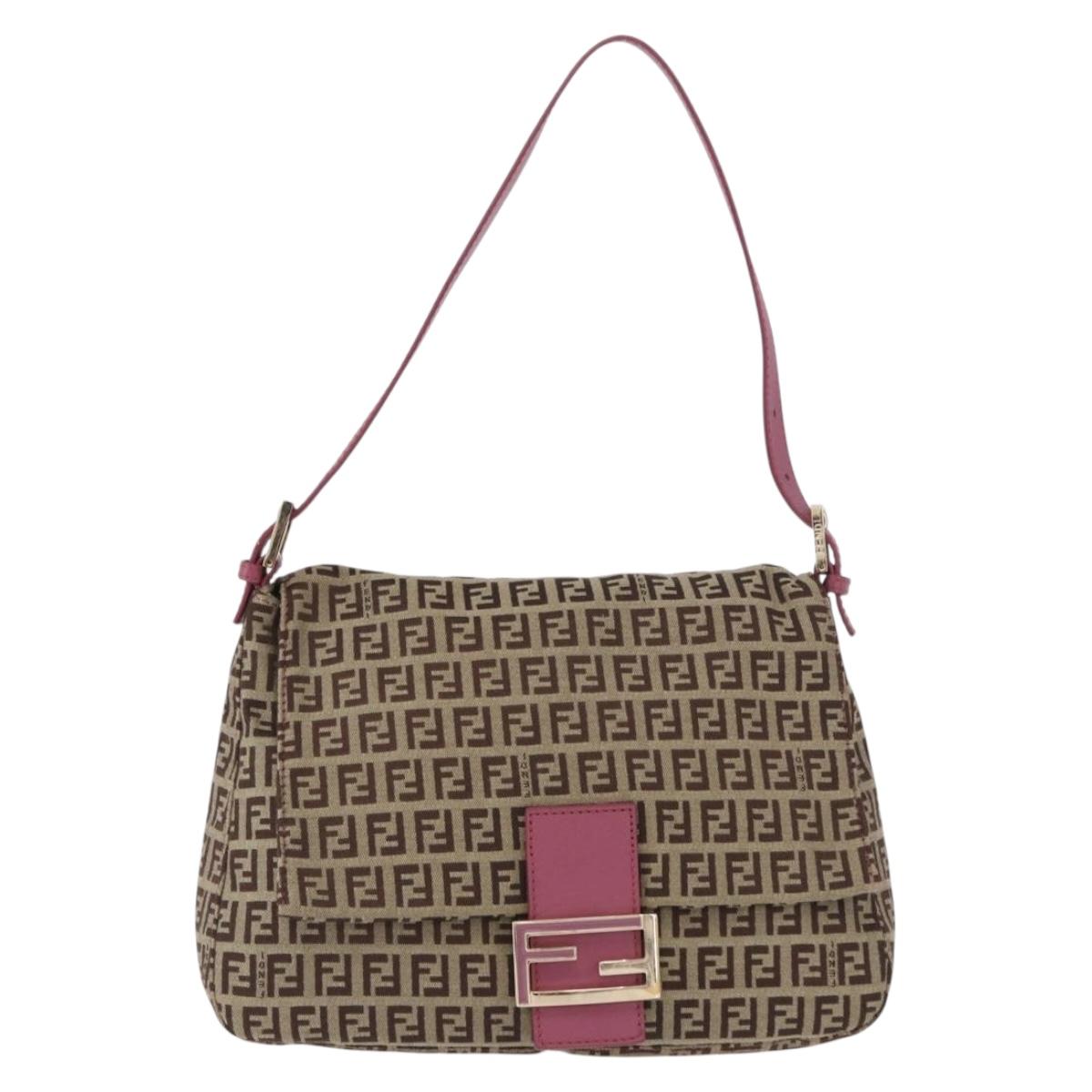 FENDI Zucchino Canvas Mamma Baguette Shoulder Bag Beige Gold Auth 196078V