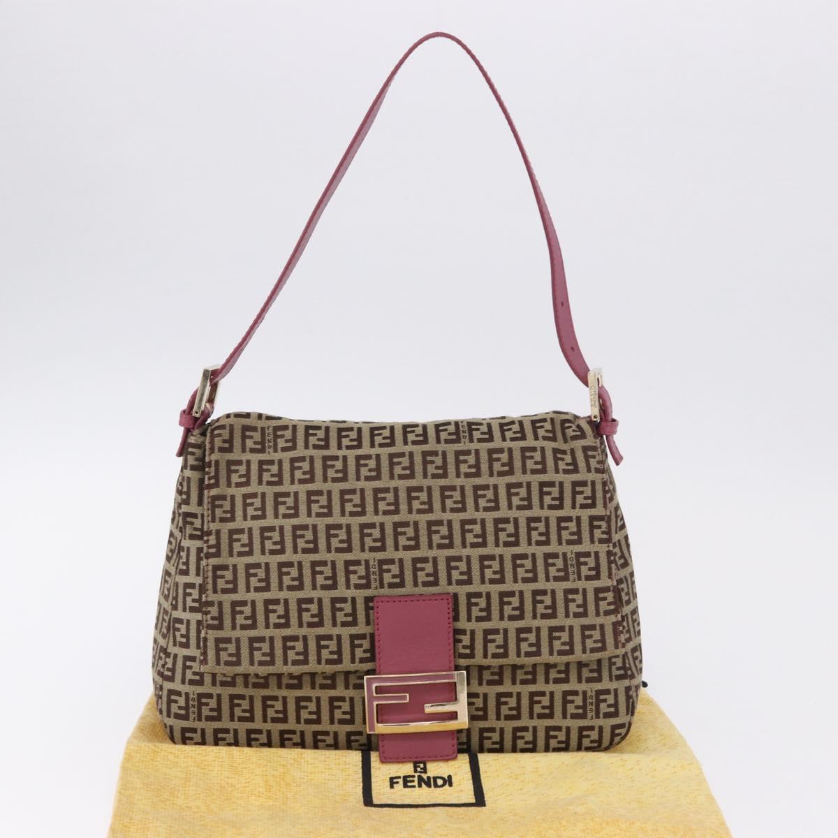 FENDI Zucchino Canvas Mamma Baguette Shoulder Bag Beige Gold Auth 196078V
