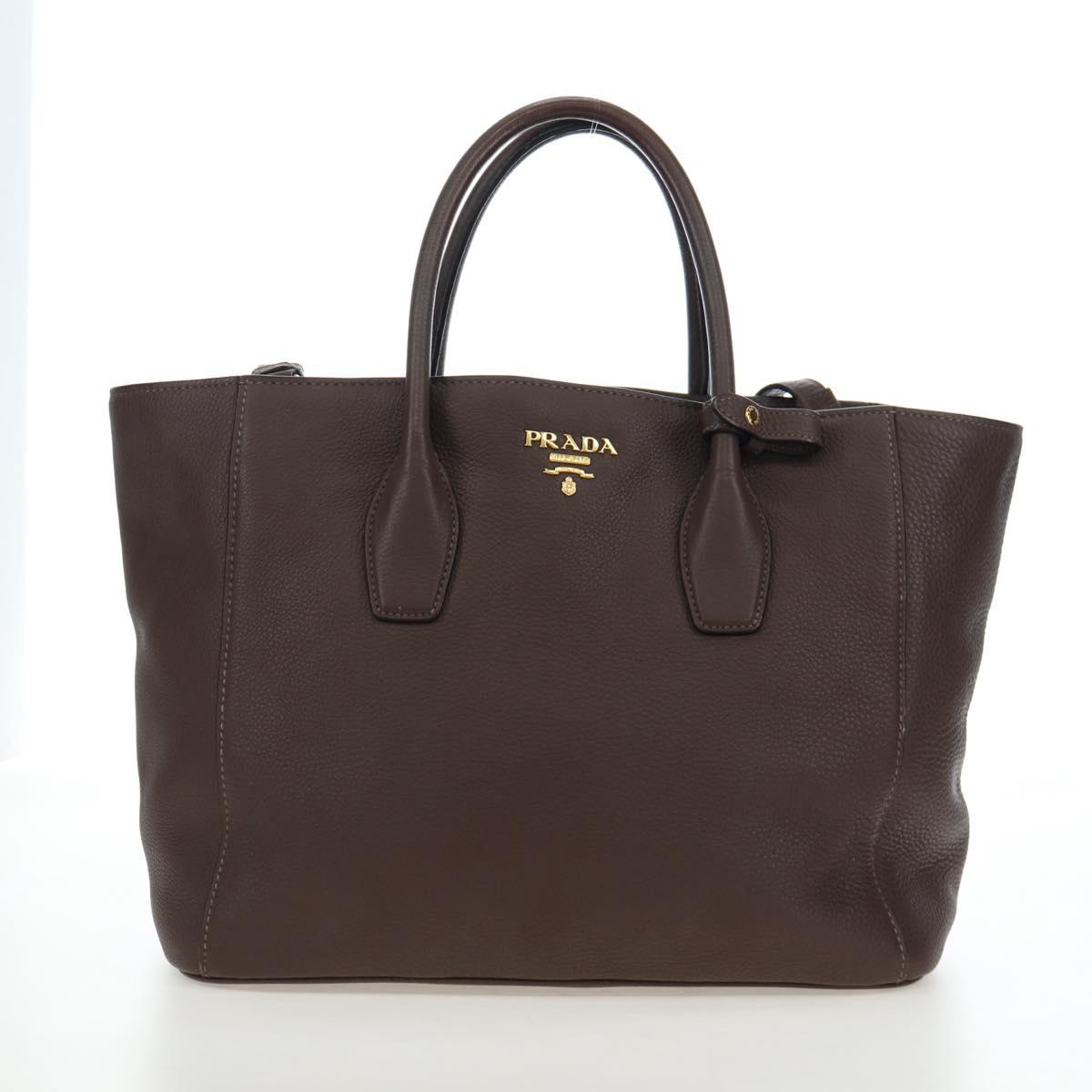 PRADA Hand Bag Vittero Dino Leather 2way Brown Gold Auth 196084V