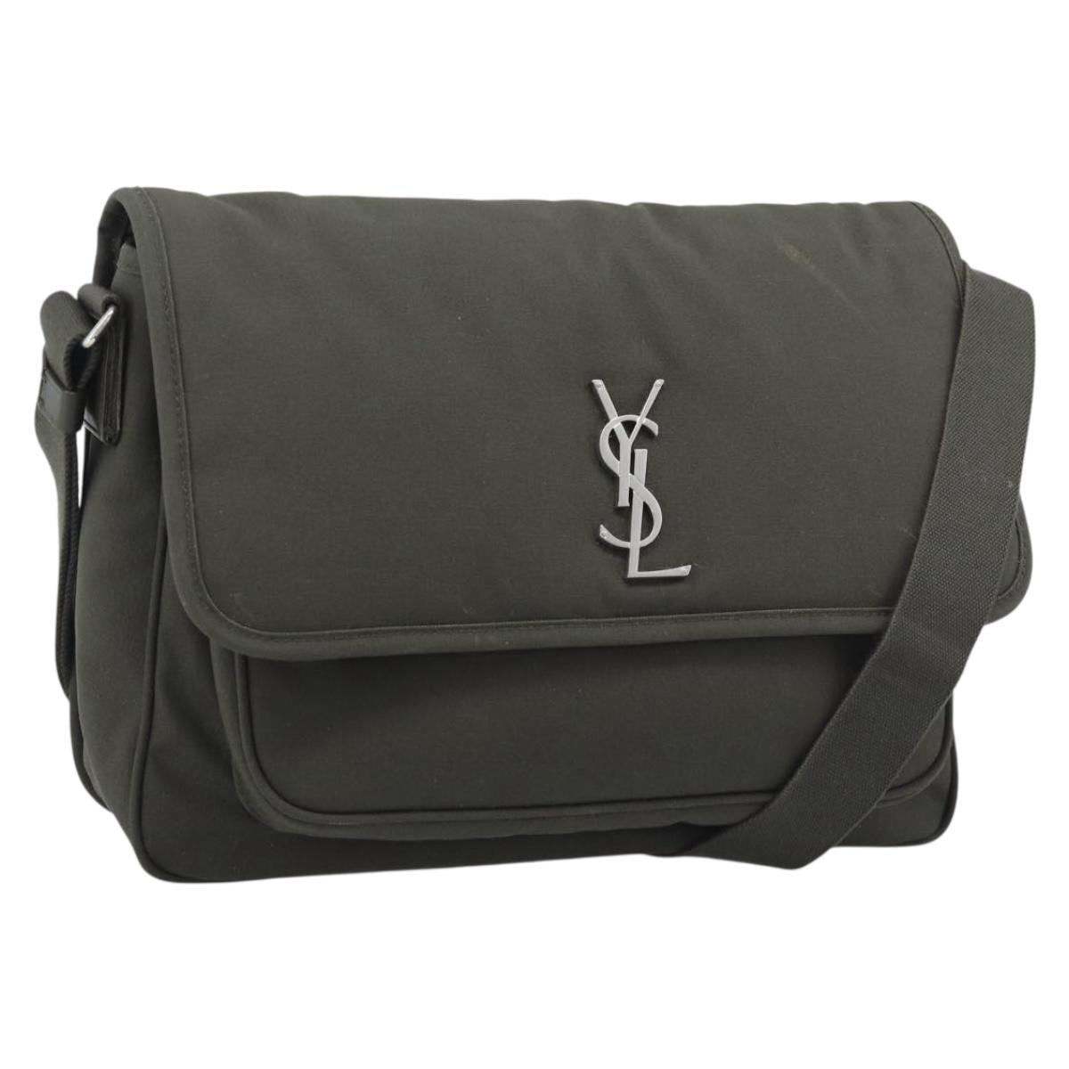 SAINT LAURENT Shoulder Bag Canvas Khaki Silver 757146 Auth 196092