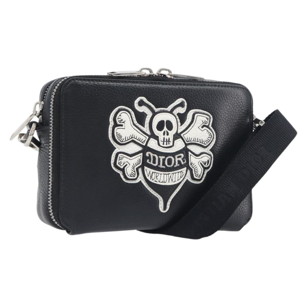 Christian Dior Shoulder Bag Leather Shawn Stussy Black Silver Auth 196095M