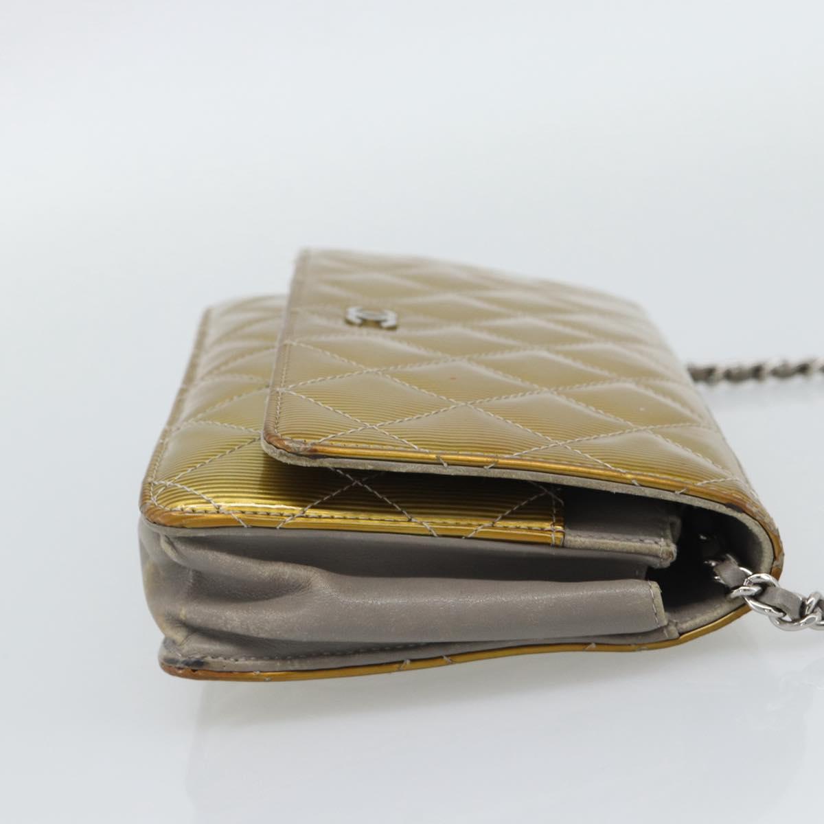 CHANEL Matelasse Chain Shoulder Wallet Patent Gold Silver CC Auth 196109