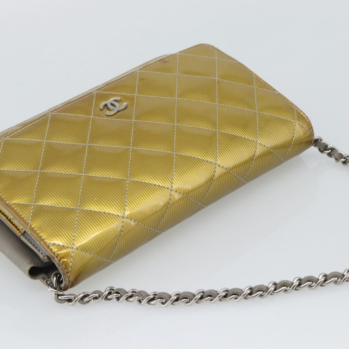 CHANEL Matelasse Chain Shoulder Wallet Patent Gold Silver CC Auth 196109