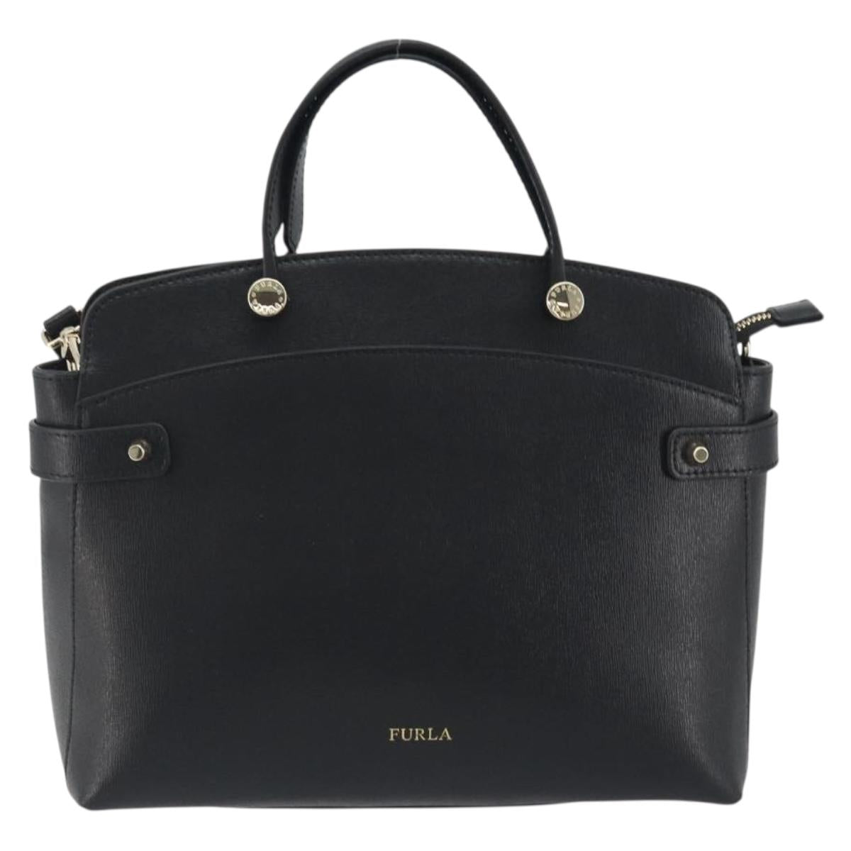 FURLA Hand Bag Leather 2way Black Gold Tone Auth 196110A