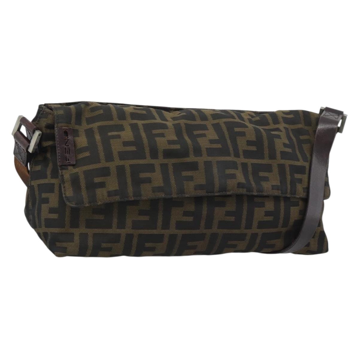 FENDI Zucca Canvas Shoulder Bag Brown Silver Auth 196126