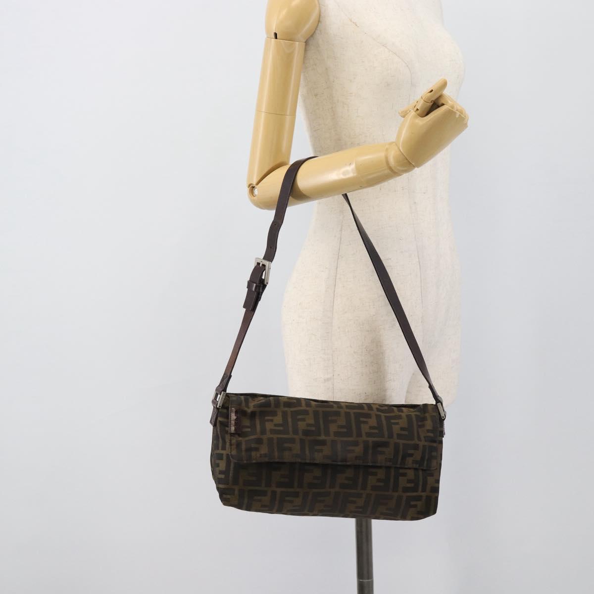 FENDI Zucca Canvas Shoulder Bag Brown Silver Auth 196126