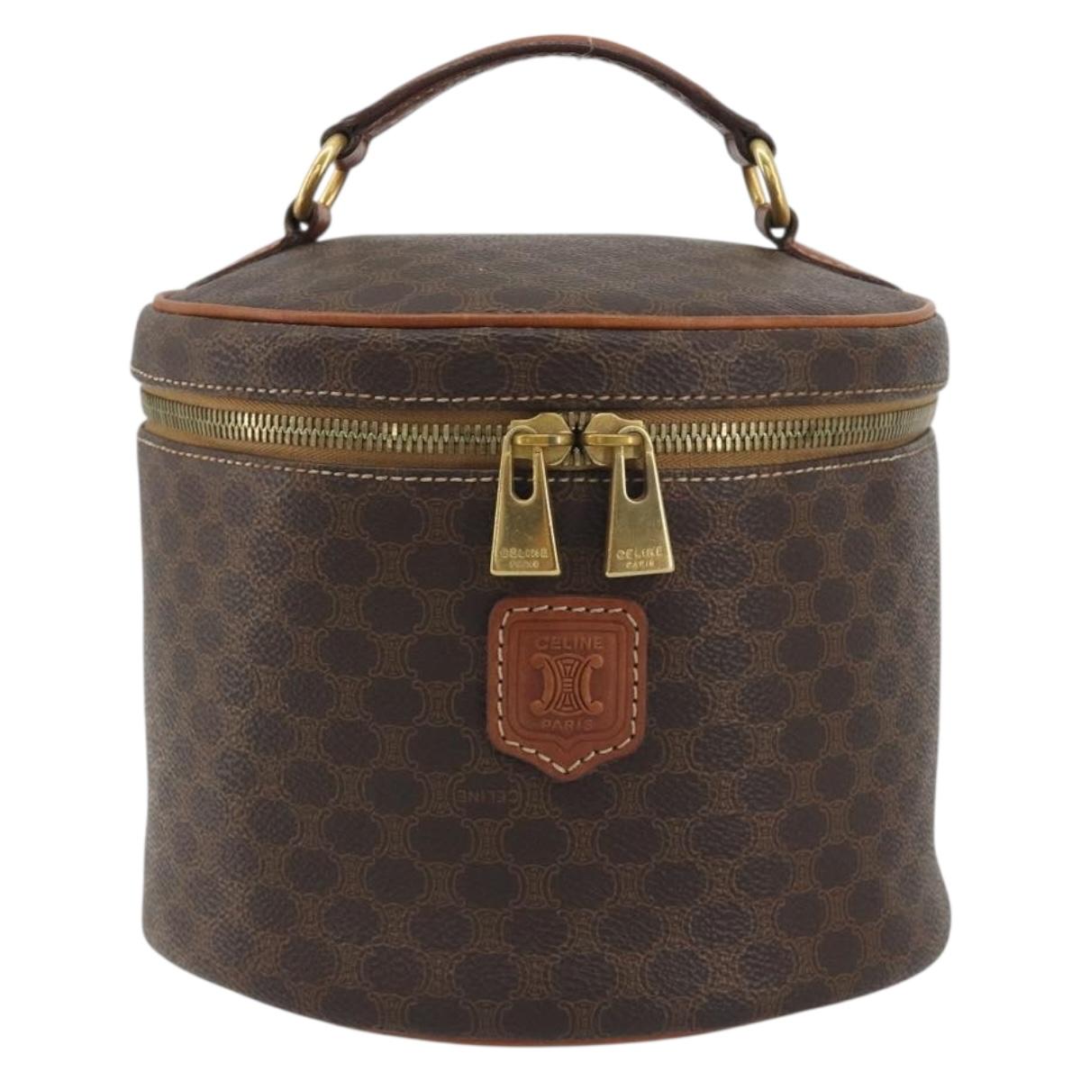 CELINE Macadam Vanity Cosmetic Pouch PVC Leather Brown Gold Tone Auth 196128A
