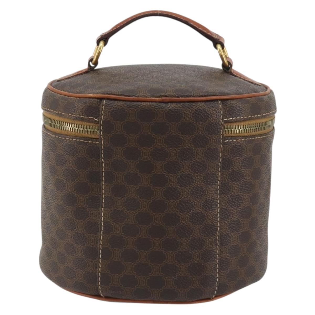 CELINE Macadam Vanity Cosmetic Pouch PVC Leather Brown Gold Tone Auth 196128A