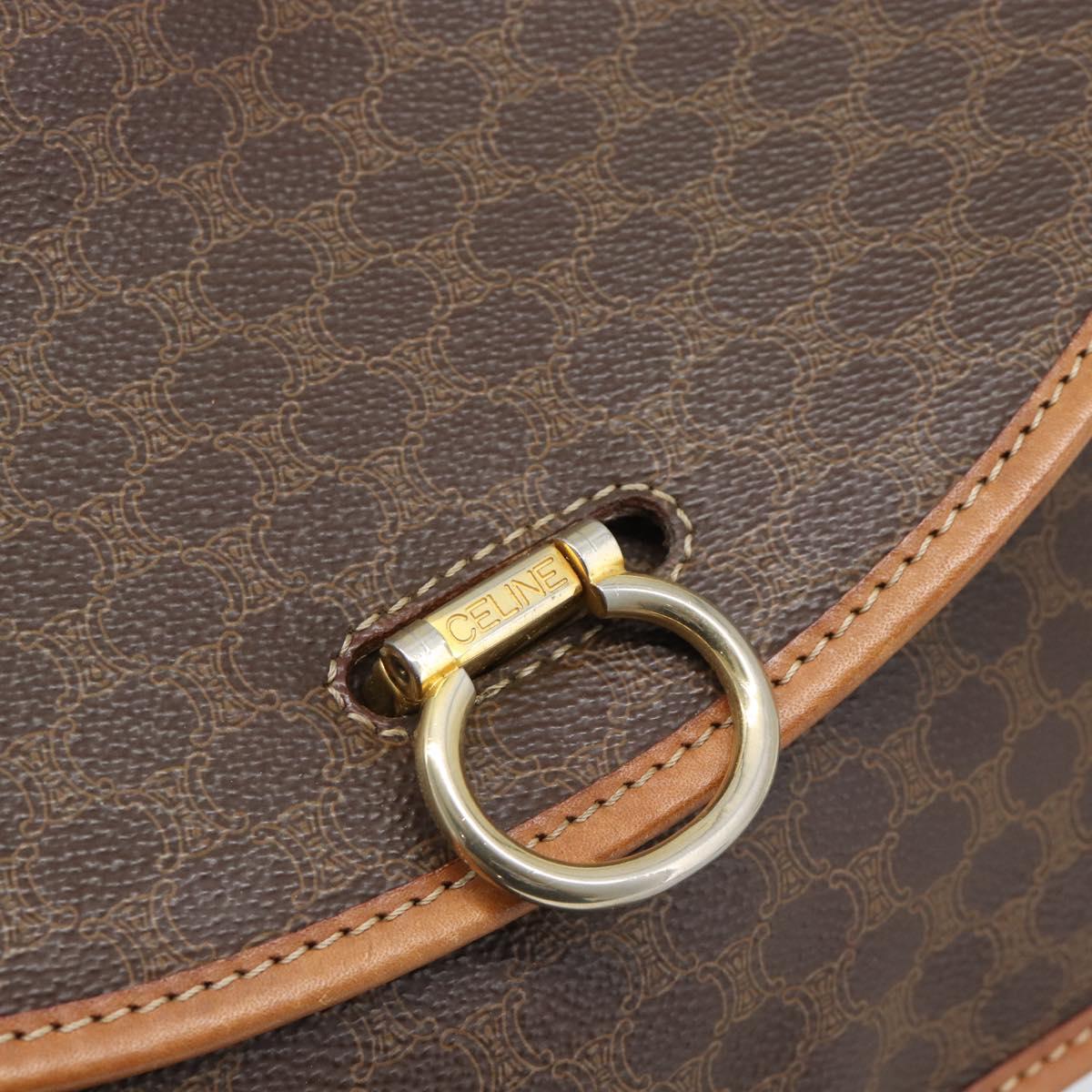 CELINE Macadam Shoulder Bag PVC Leather Brown Gold Tone Auth 196130