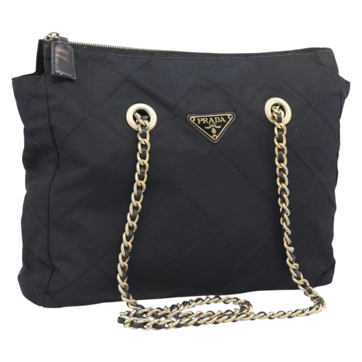 PRADA Chain Shoulder Bag Nylon Black Gold Tone Auth 196142A