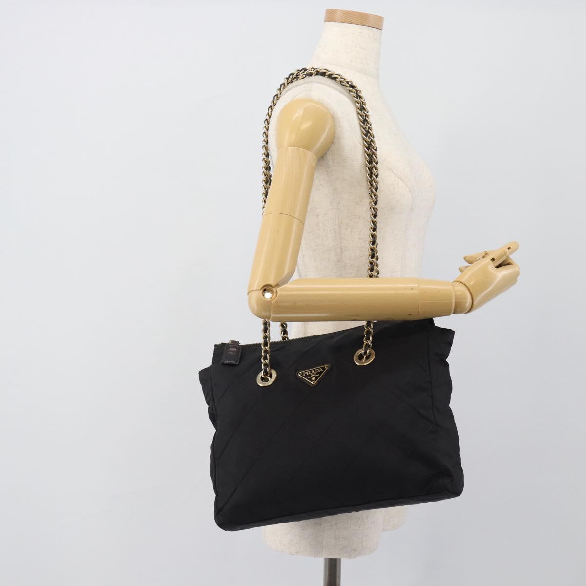 PRADA Chain Shoulder Bag Nylon Black Gold Tone Auth 196142A