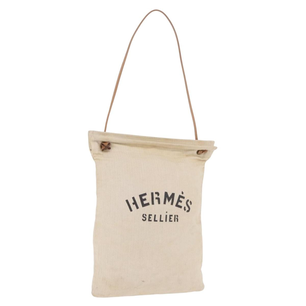 HERMES Arena MM Shoulder Bag Canvas Beige Gold Tone Auth 196144