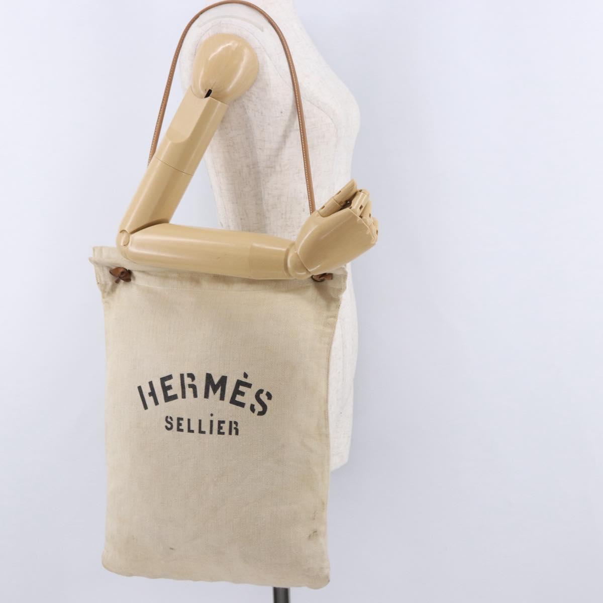 HERMES Arena MM Shoulder Bag Canvas Beige Gold Tone Auth 196144