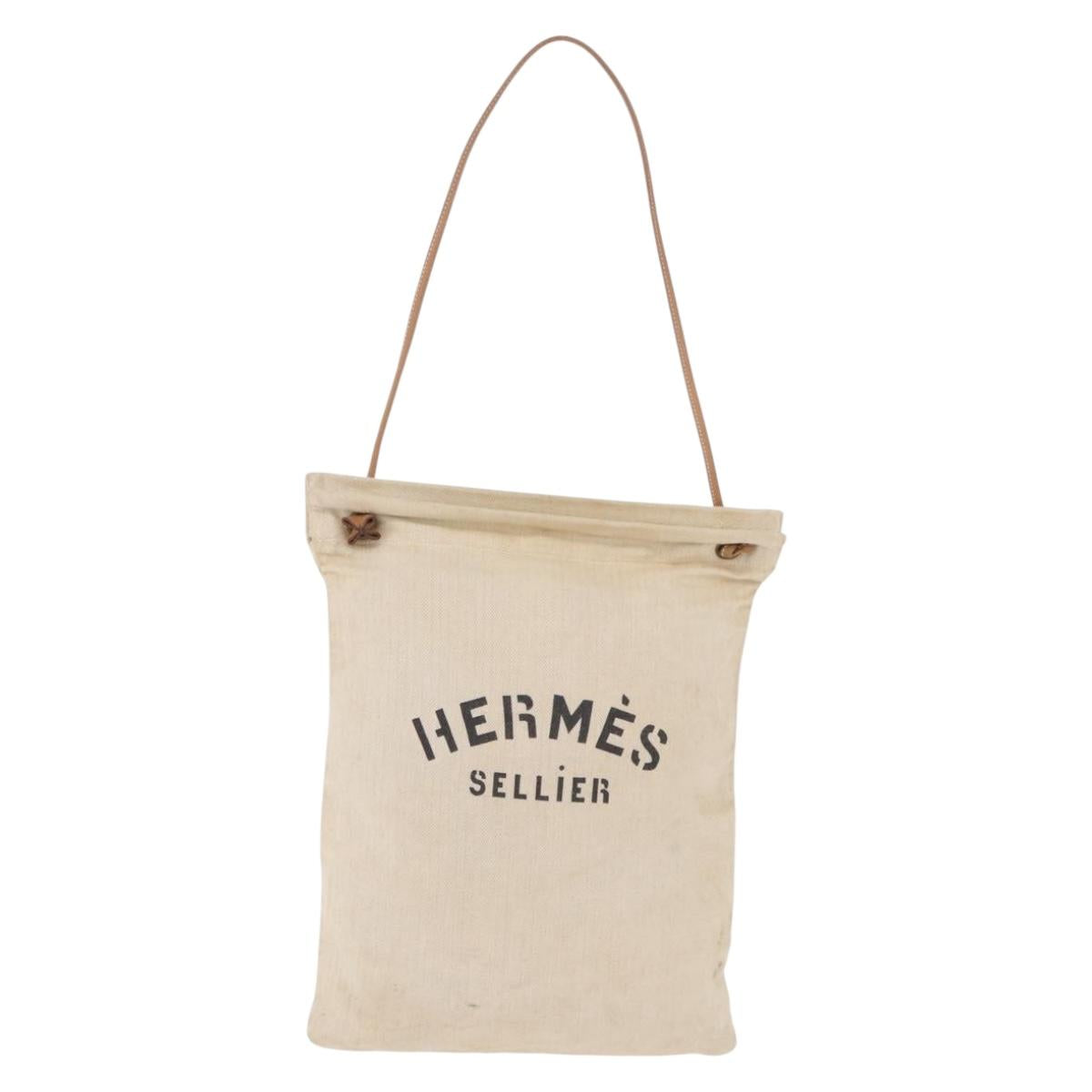 HERMES Arena MM Shoulder Bag Canvas Beige Gold Tone Auth 196144