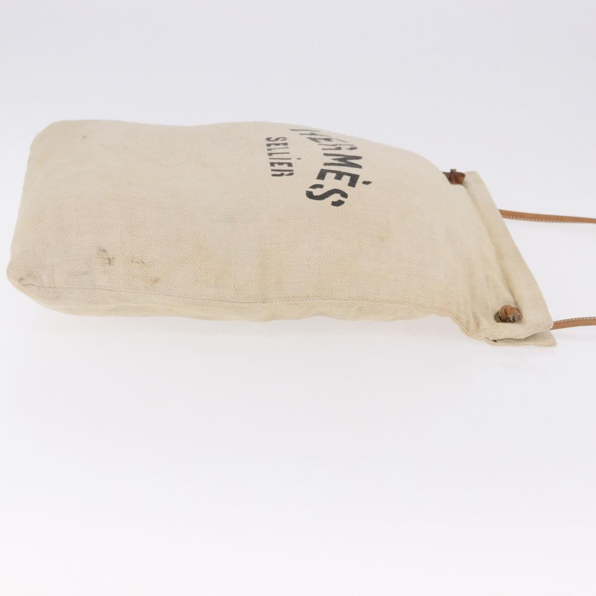 HERMES Arena MM Shoulder Bag Canvas Beige Gold Tone Auth 196144