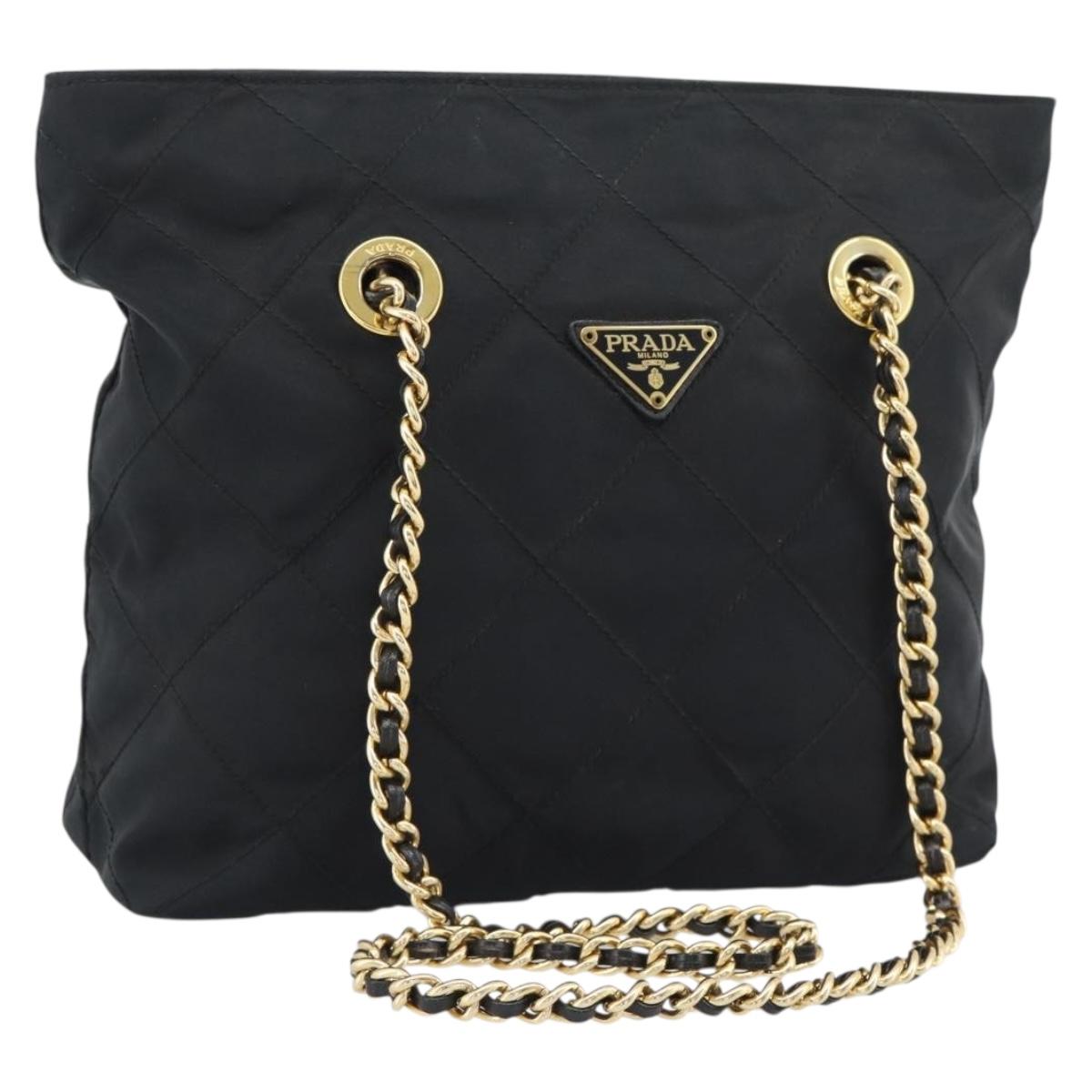PRADA Chain Shoulder Bag Nylon Black Gold Tone Auth 196148A