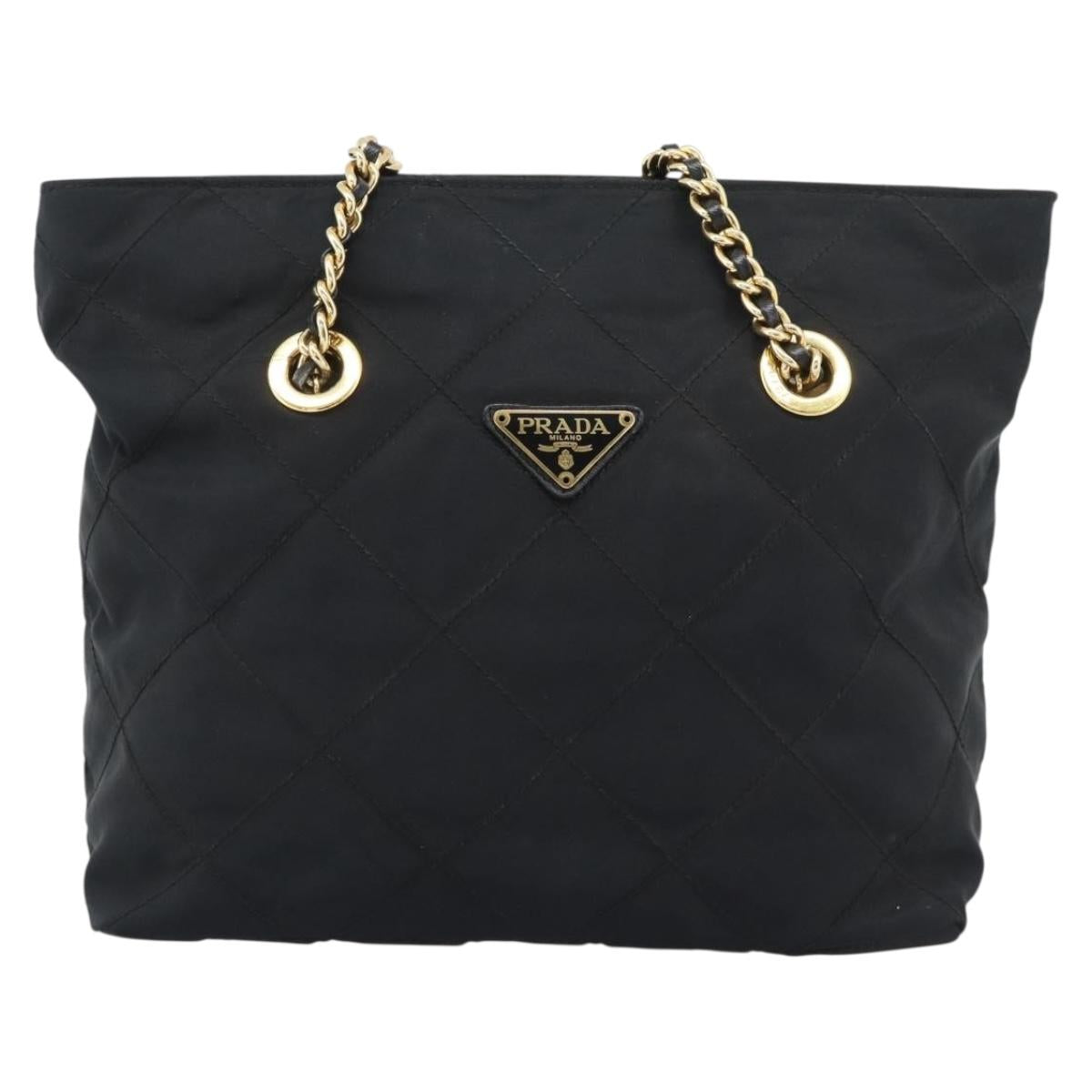 PRADA Chain Shoulder Bag Nylon Black Gold Tone Auth 196148A