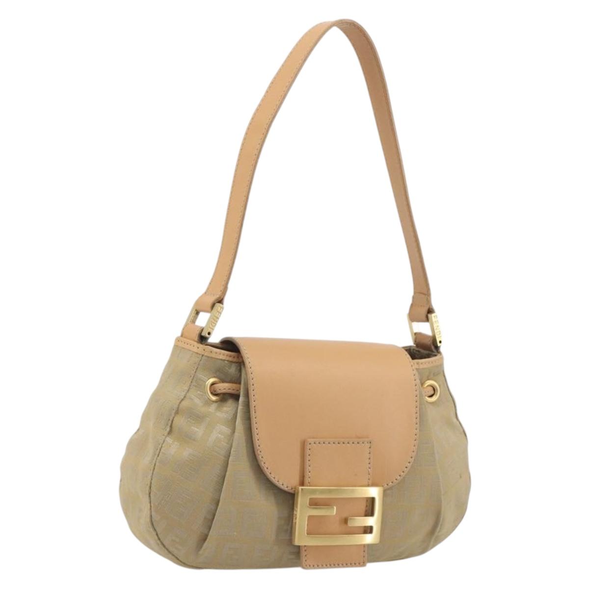 FENDI Zucchino Canvas Mamma Baguette Shoulder Bag Beige Gold Auth 196156V