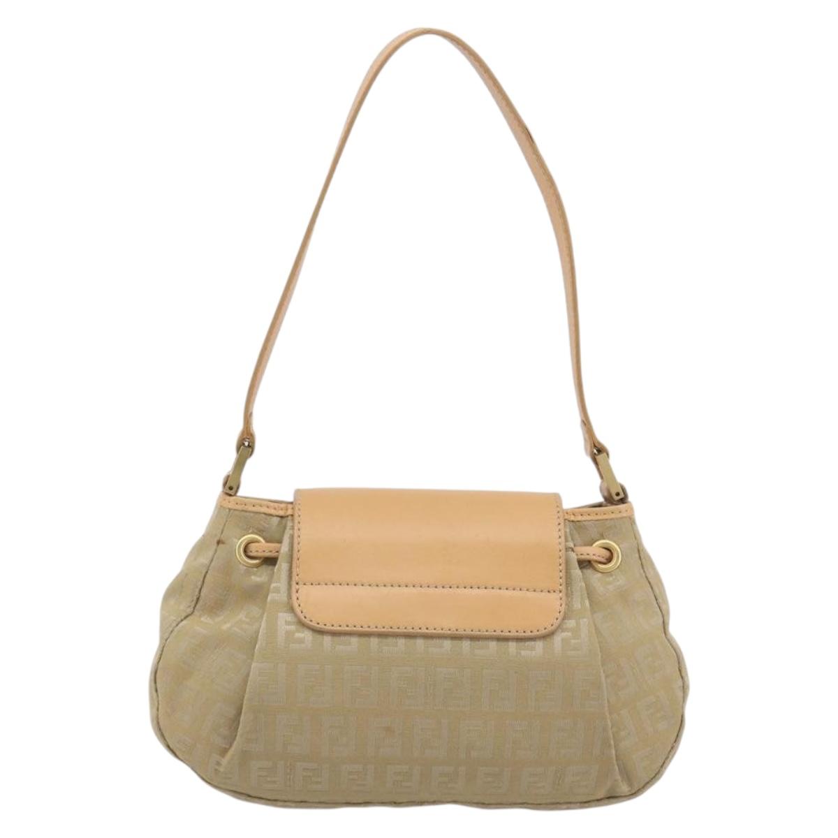 FENDI Zucchino Canvas Mamma Baguette Shoulder Bag Beige Gold Auth 196156V