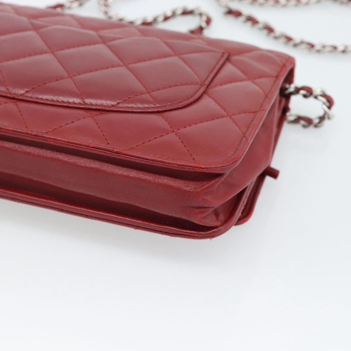 CHANEL Matelasse Chain Shoulder Wallet Lamb Skin Red Silver CC Auth 196157A