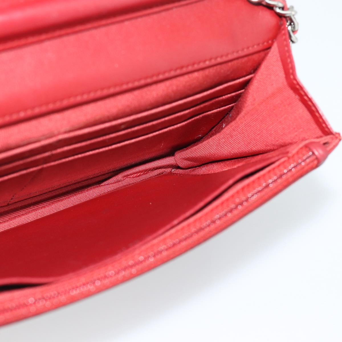 CHANEL Matelasse Chain Shoulder Wallet Lamb Skin Red Silver CC Auth 196157A