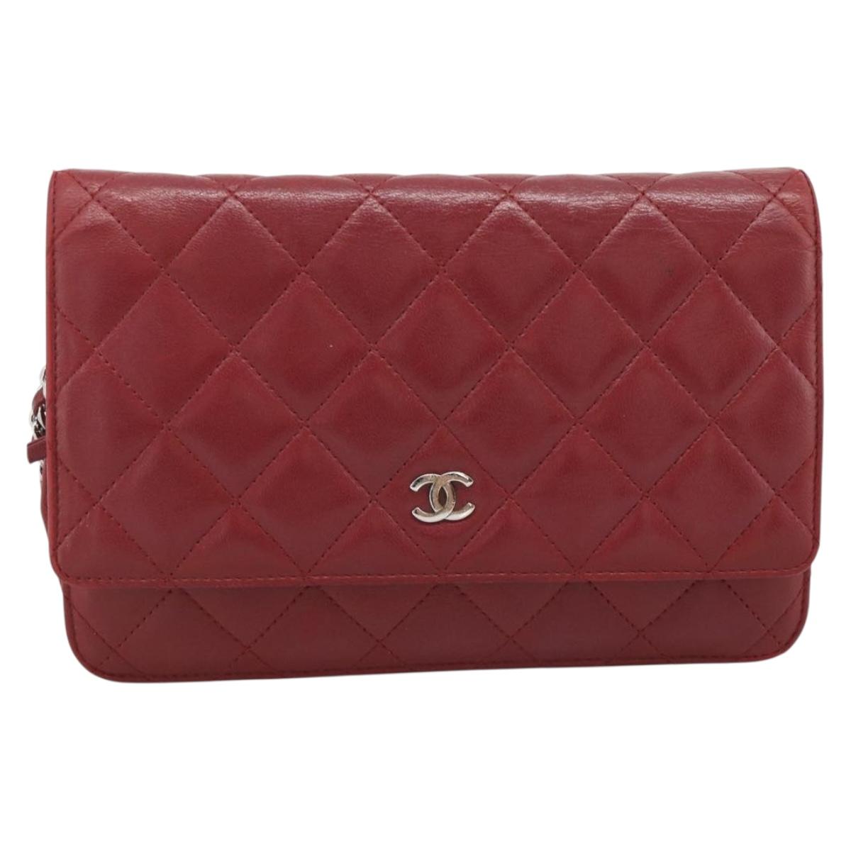 CHANEL Matelasse Chain Shoulder Wallet Lamb Skin Red Silver CC Auth 196157A