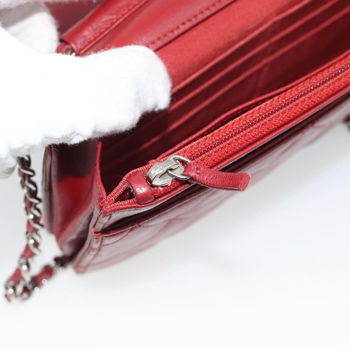 CHANEL Matelasse Chain Shoulder Wallet Lamb Skin Red Silver CC Auth 196157A