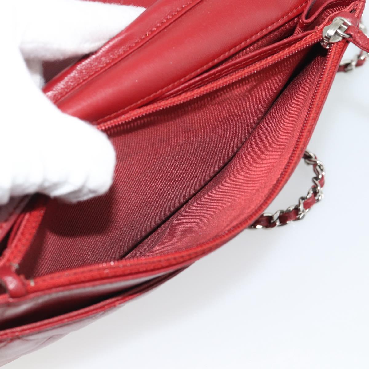 CHANEL Matelasse Chain Shoulder Wallet Lamb Skin Red Silver CC Auth 196157A