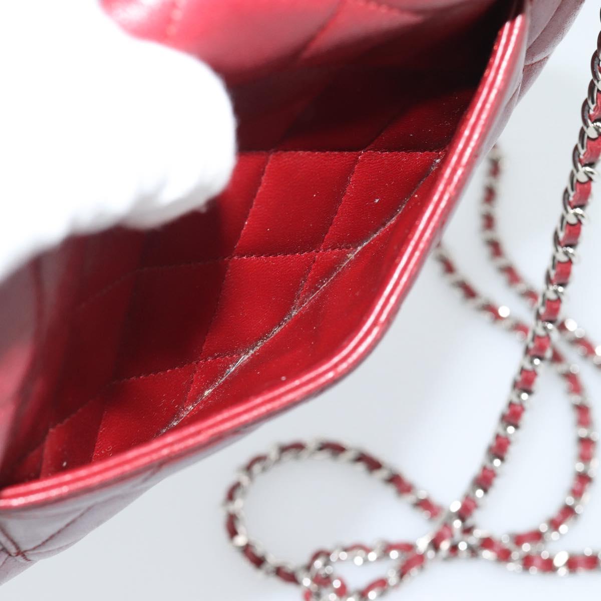 CHANEL Matelasse Chain Shoulder Wallet Lamb Skin Red Silver CC Auth 196157A