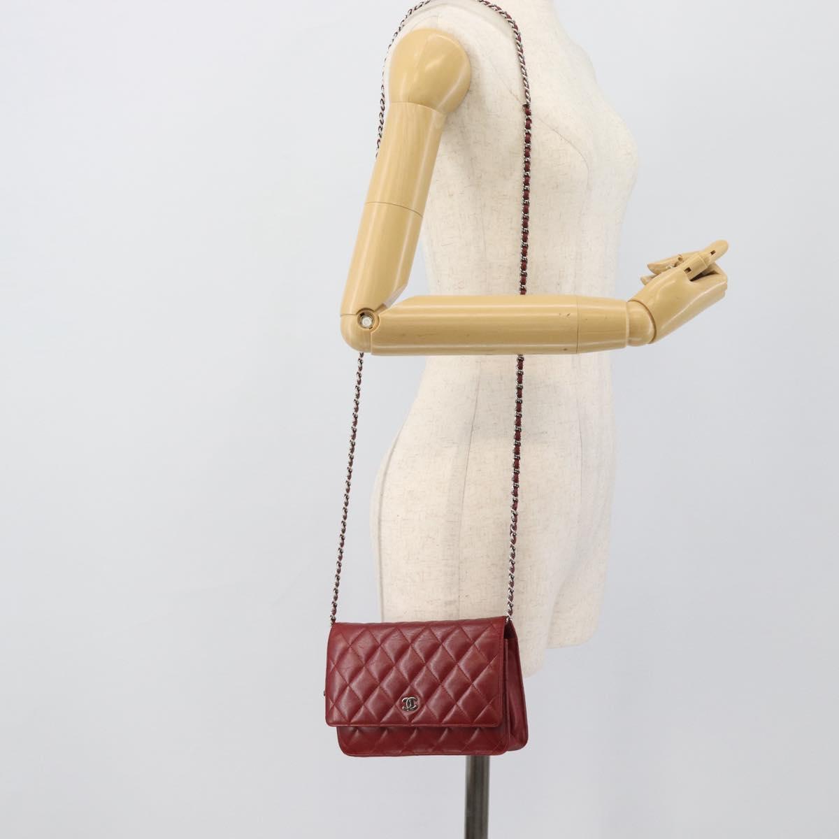 CHANEL Matelasse Chain Shoulder Wallet Lamb Skin Red Silver CC Auth 196157A