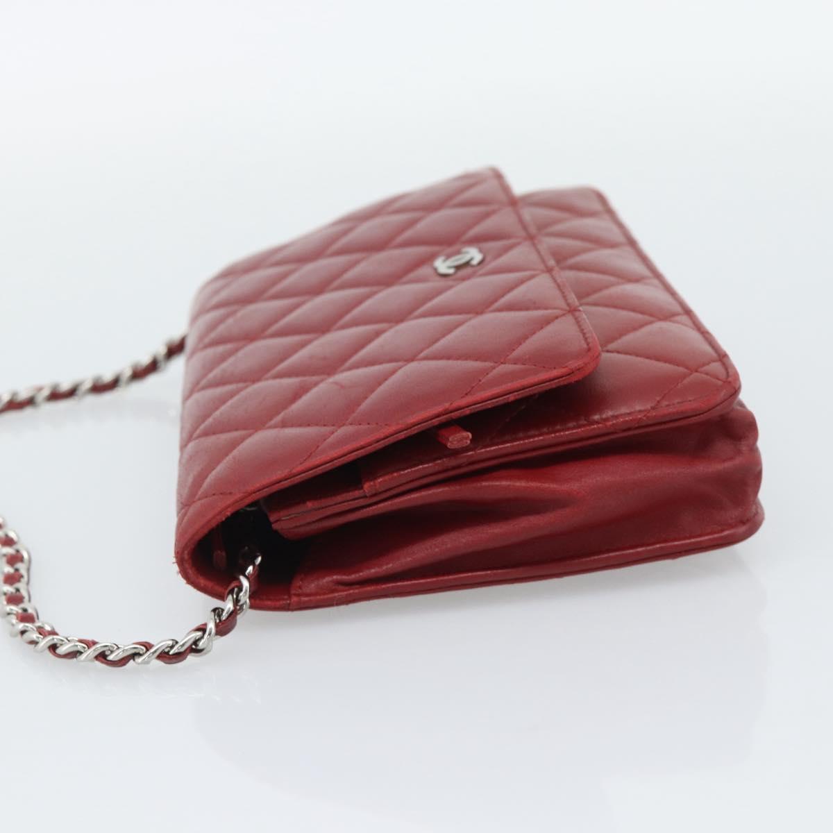 CHANEL Matelasse Chain Shoulder Wallet Lamb Skin Red Silver CC Auth 196157A