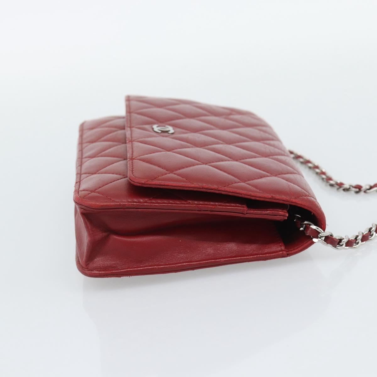 CHANEL Matelasse Chain Shoulder Wallet Lamb Skin Red Silver CC Auth 196157A