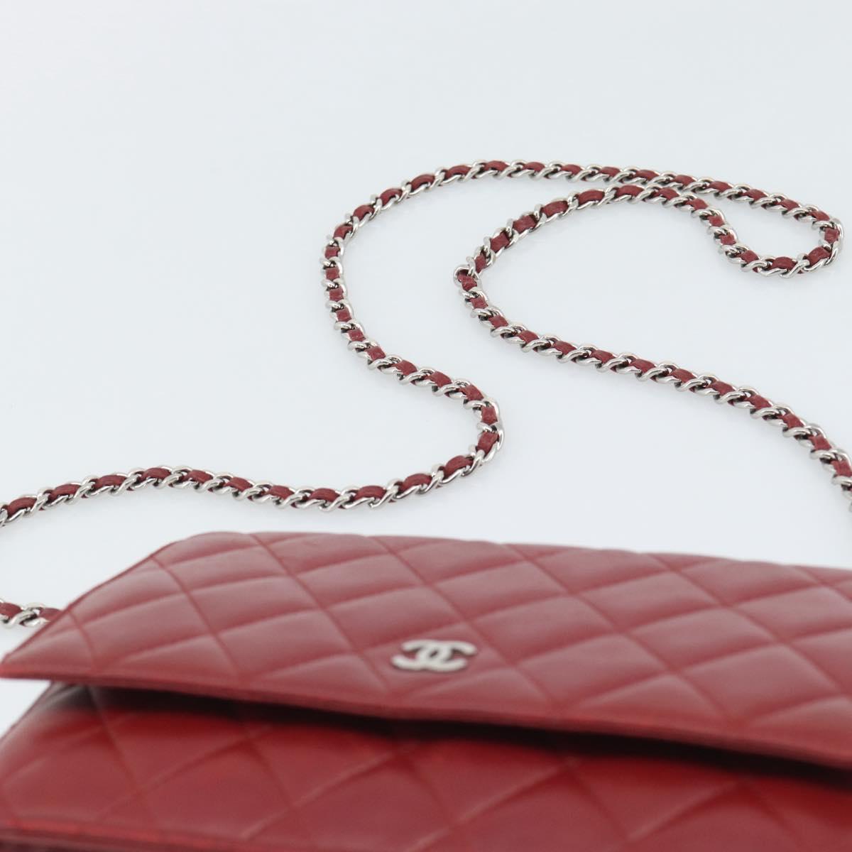 CHANEL Matelasse Chain Shoulder Wallet Lamb Skin Red Silver CC Auth 196157A