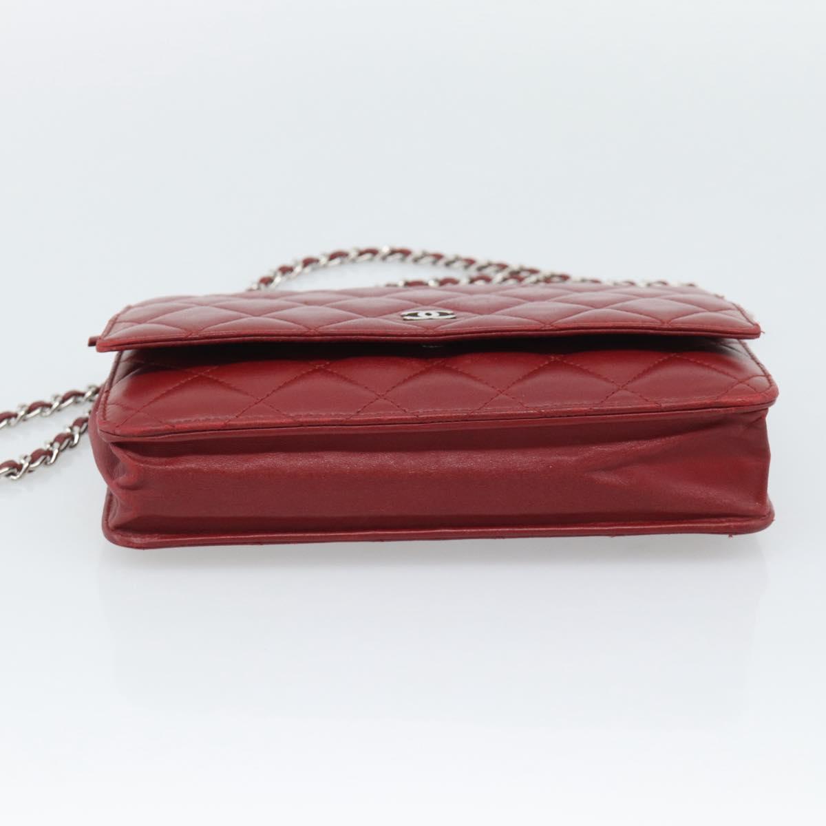 CHANEL Matelasse Chain Shoulder Wallet Lamb Skin Red Silver CC Auth 196157A