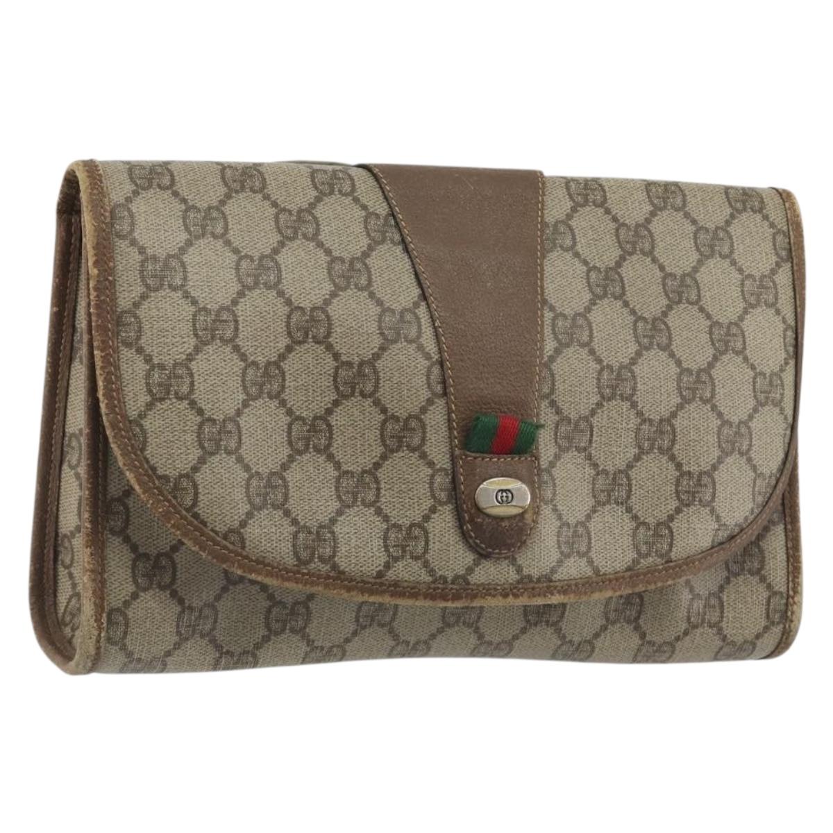 GUCCI GG Supreme Web Sherry Line Clutch Bag PVC Beige Gold Tone Auth 196180