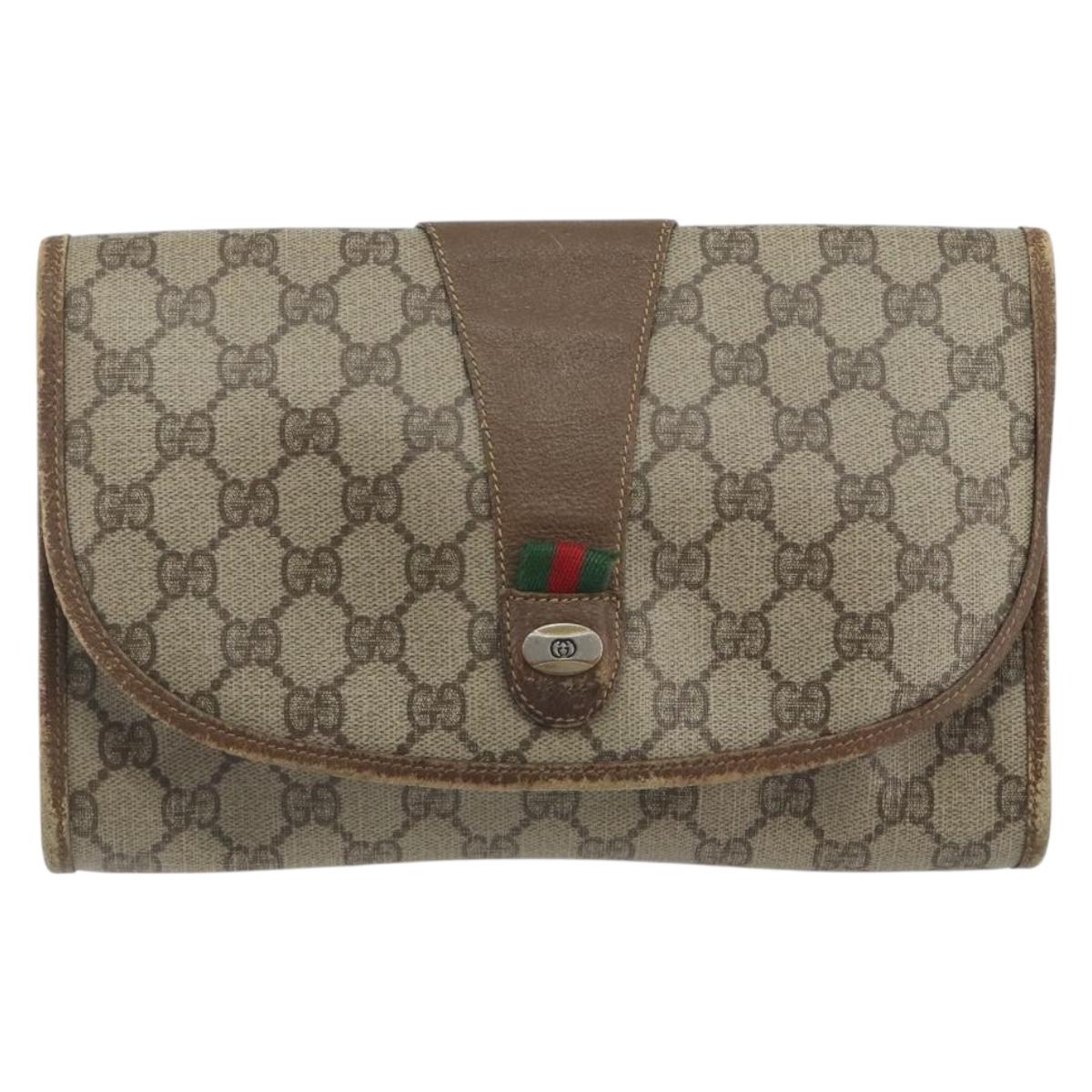 GUCCI GG Supreme Web Sherry Line Clutch Bag PVC Beige Gold Tone Auth 196180