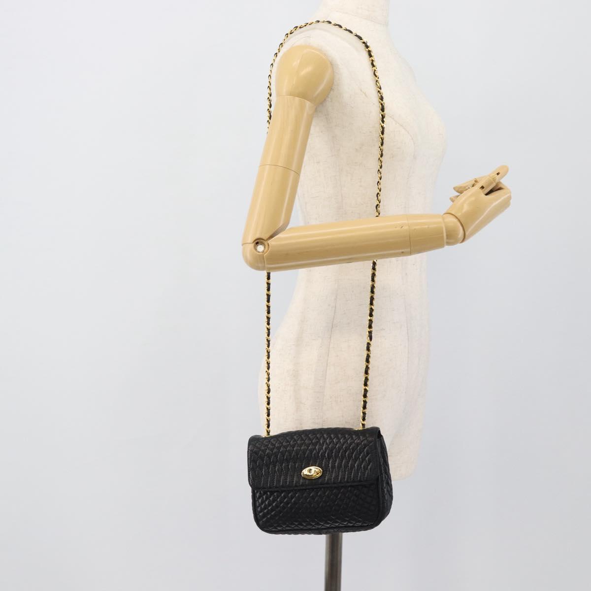 BALLY Chain Shoulder Bag Leather Black Gold Tone Auth 196184