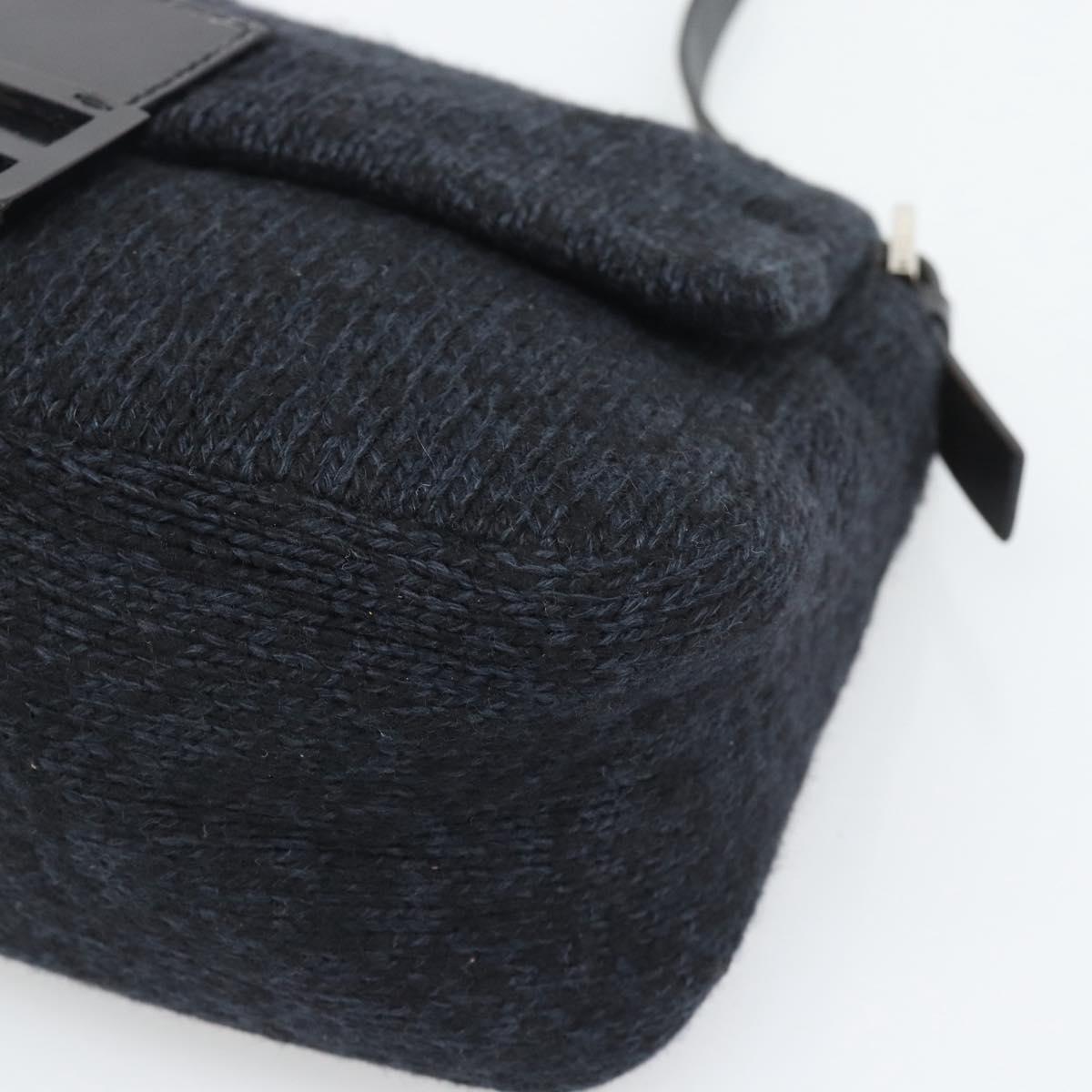 FENDI Mamma Baguette Shoulder Bag Wool Navy Silver Auth 196191